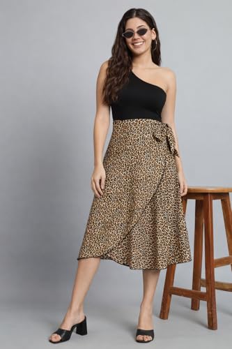 Image of Women's Floral & Animal Print Wrap Skirt - Midi Length A-Line Summer Skirt with Side Tie-Up, Tropical Cheetah Tiger Casual Beach Wear