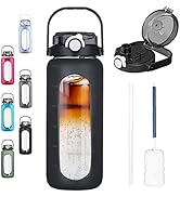 BLUEGO 56oz Glass Water Bottles with Straw Time Marker Half Gallon Large Motivational Water Bottl...