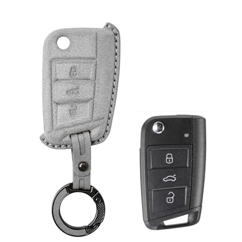 Image of KMH Alcantara Car Key Cover Compatible with Volkswagen Polo Vento Jetta Ameo Passat and Skoda Rapid Laura Superb Octavia Fabia Yeti 3 Button Shell Case Keycover with Keychain (D1) Grey - Pack of 2