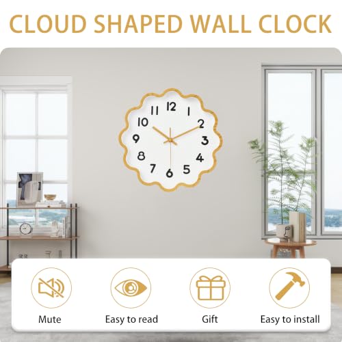 Image of HZDHCLH Wall Clocks Battery Operated 12 Inch Cloud Shaped Wall Clock Silent Non Ticking Modern Decorative Clock with 3D Numbers for Bedroom Living Room Nursery Classroom Yellow Wood Grain