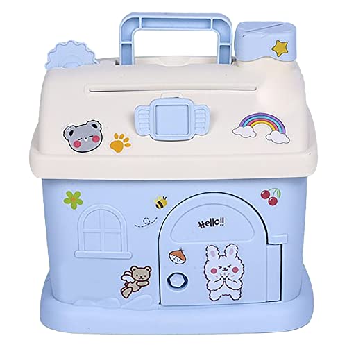 Image of WISHKEY House Shaped Piggy Bank for Kids, Money Saving Box Money Bank Container with Handle and Keys Cute Piggy Bank with Lock,ATM for Real Money, Gifting Item for Kids (Pack of 1, Blue)