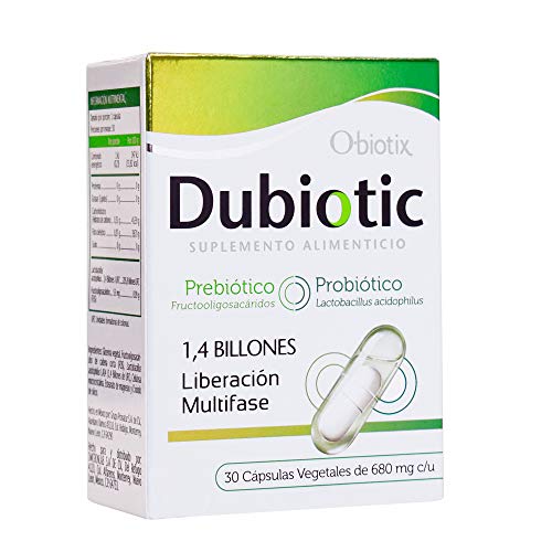 Probióticos, Dubiotic. Probiótico (Lactobacillus acidophilus) y Prebiótico (Fructooligosacáridos) 1,4 Billones Liberación Multifase
