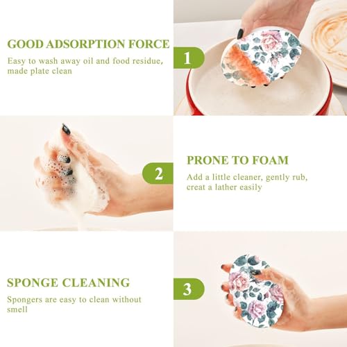 Image of CEBUGI Non-Scratch Scrub Sponges 3 Pack Kitchen Sponges for Washing Dishes,Cleaning Supplies for Kitchen Bathroom Household(Pink Blooming Roses)