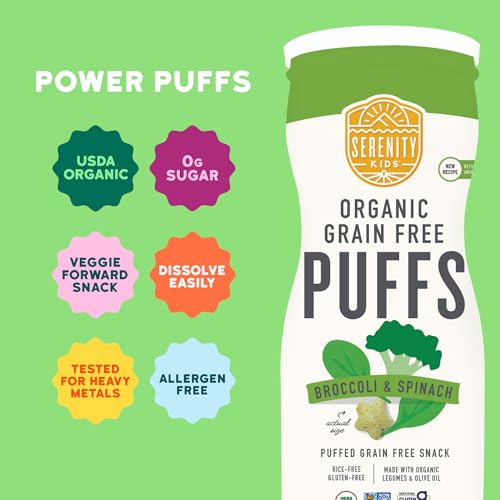 Image of Serenity Kids 6+ Months USDA Organic Grain Free Baby & Toddler Puffs - Broccoli & Spinach - 1.5 Oz Pack of 6 - Veggie-Rich Broccoli Bites for Kids - Protein-Packed Toddler Snacks - Gluten-Free Treats