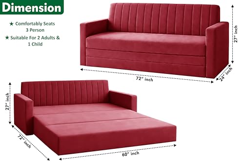 Image of Modern 3 Seater Sofa Cum Bed with Armrest, Velvet Fabric Couch for Living Room, Space Saving Foldable Sleeper Sofa, (Red-Color)