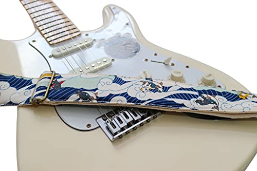 Music First Original Design, 2 Inch Width (5Cm), Vintage Ukiyoe Style Surfing Cat Electric Guitar Strap (Surfing Cat) #TOP1