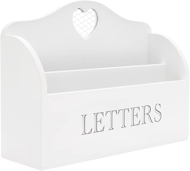 Rustic White Letter Rack With Contrasting Grey Letters Wording and Cutout Heart Detail, Twin Compartment Decorative Mail Organiser