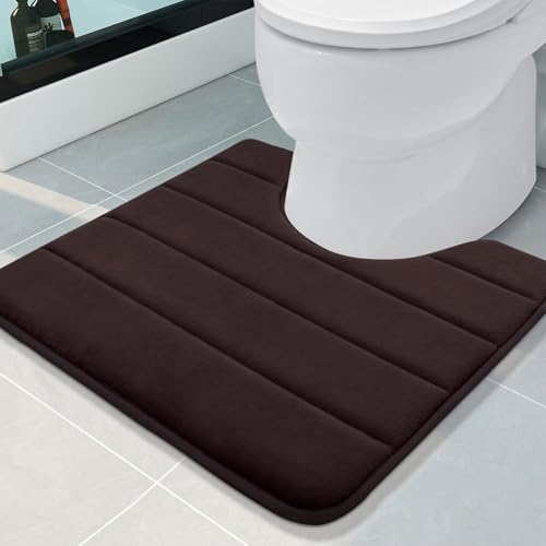 Image of Buganda Memory Foam U-Shaped Contour Toilet Rug, Non-Slip Absorbent Mat, Thick Soft Washable Bathroom Floor Carpet for Toilet Base (20 inch x 20 inch, Brown)