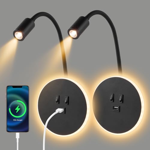 Applique murale LED Lampe Col de Cygne Flexible, 3W 9W Applique de Lecture avec Port de Charge USB et interrupteur, 2 pièces Liseuse Fixation Murale Spot...