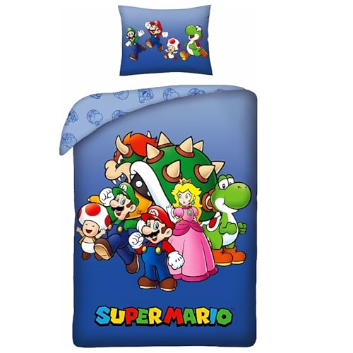 arlis Parure de Lit Mario, Housse de Couette Réversible 140x200 cm, Taie d'oreiller 65x65 cm (Parure Housse de Couette Super Mario - A)