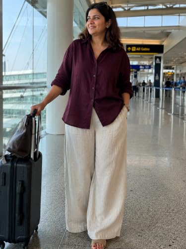 Image of Womanista Women's Relaxed Fit Pure Cotton Linen Flared Palazzo Pants for Woman | Wide Leg Casual Trouser with Pockets | Plazo pants for Women | High Waist Office & Travel Wear (Available in plus size)