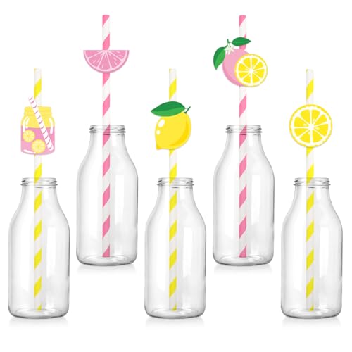 50 pitillos de papel rayados rosa y amarillo miniatura 1