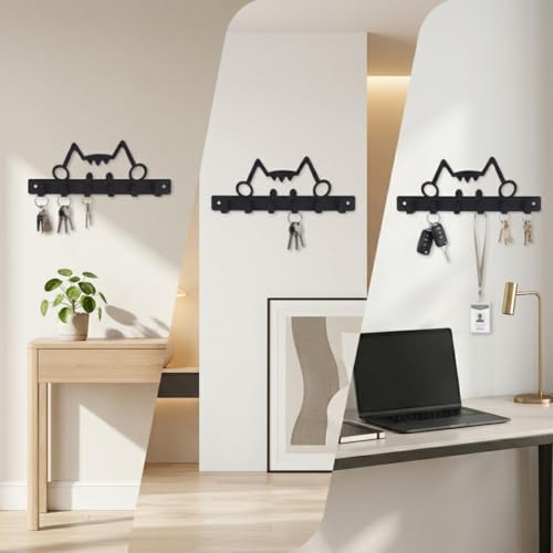 Image of Key Holder for Home, Metal Wall Mounted, 6 Hooks (Cute Cat) | Cat Design, Includes Mounting Screws, For Home Use, 6 Hook Hanger, Metal Construction