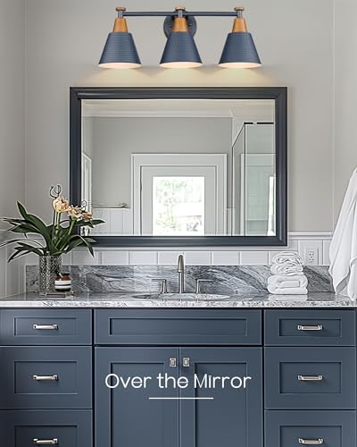 Image of FEMILA Bathroom Vanity Light, 3-Light Modern Bathroom Light Fixture with Hammered Metal Shade Finish, Dark Blue Wall Sconce Lamp Lighting for Bedroom, 4FG59B-3W Blue