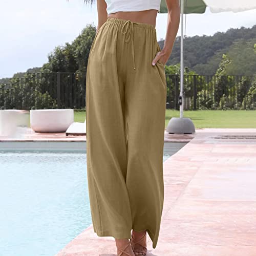 MINzYI Womens Linen Wide Leg Pants Drawstring Elastic Waist Palazzo Pant Summer Casual Lightweight Beach Trousers with Pocket2