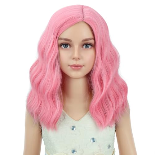 Image of PATTNIUM Light Pink Short Curly Wavy Wigs for Kids Girls Side Part Shoulder Length Heat Resistant Synthetic Wig Halloween Cosplay Costume Party Wigs