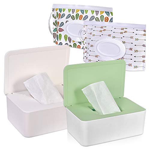 Image of TORASO Tissue Box with Lid Baby Wipes Dispenser Pouch with Lids Baby Wipe Holder Keeps Wipes Fresh Simple Style Wipe Container Regular Storage Case Box(GN,WH+2)