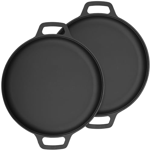 CHUIFAI 2 Stück Grillpfanne aus Gusseisen, 28cm Durchmesser Gusseisen Feuerplatte mit Tragegriff, Plancha Grillplatte für Raketenofen, Holzkohlegrill und Camping