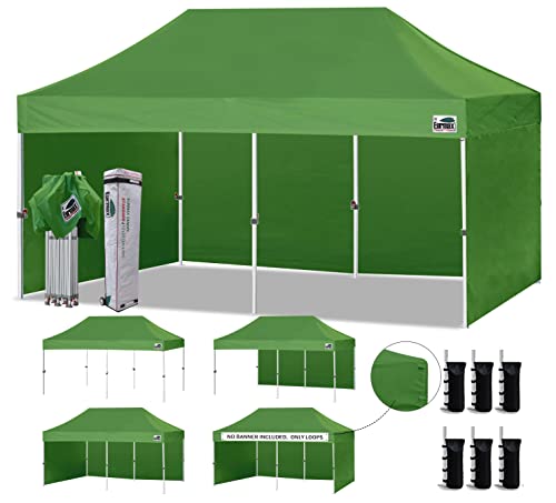 Image of Eurmax USA 10x20 Pop Up Canopy Tent,Commercial Tent with Patented No-Tip Rolling Bag,4 Zippered Removable Walls,UV & Water Resistant Canopy Top,Heavy Duty Outdoor Gazebo,Instant Shelter(Field Green)
