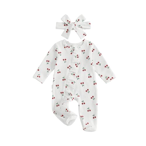 Image of MBMSHEGH Infant Baby Girl Fall Outfit Sweatshirt Romper Footies Ruffle Trim Jumpsuit Zip Up Onesie Newborn Clothes