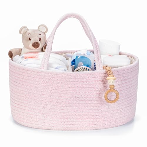 Image of Kodomoore Diaper Caddy Organizer, Empty Gift Basket for Newborn Essentials, Baby Storage Basket, Stylish Gift Bag for Baby Shower, Boys and Girls – Small, Light Pink