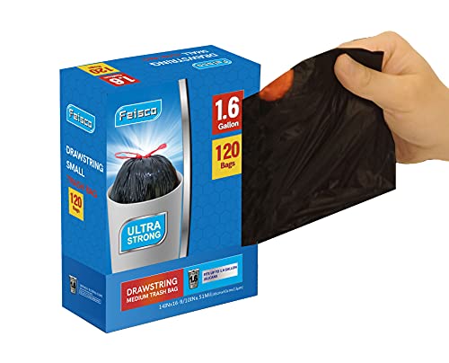 Feisco 1.6 Gallon Black Trash Bag 6L Drawstring Garbage Bag Trash Can Liner 120 Counts 0.51 Mil