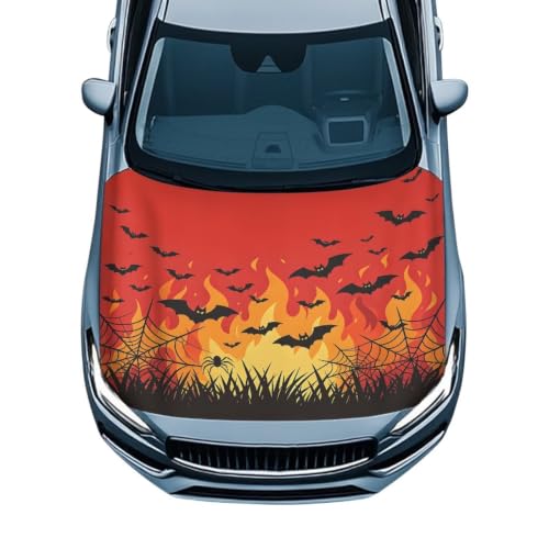 Image of Bat Spider Web Halloween Print Car Hood Cover Protector 59x39 Inch Stretchable Auto Hood Wraps Waterproof Halloween Automotive Exterior Accessories for Most SUV Sedans Trucks