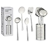 ✅ CONTENIDO DEL PAQUETE: 1 caja de cartón contentiva de 1 cuchara freidora + 1 espátula ranurada + 1 cuchara para sopa + 1 cuchara removedora + 1 cubertero. Todo en acero inoxidable.
