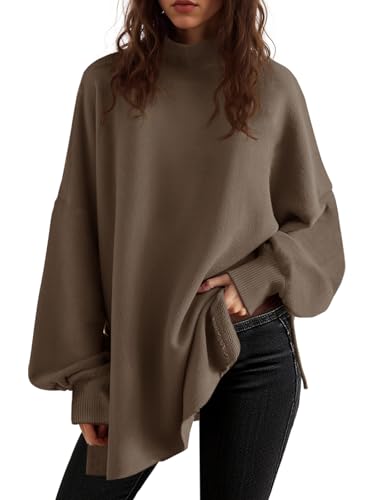 Saodimallsu Womens Turtleneck Oversized Sweaters Puff Sleeve Side Slit Casual Knit Tunic Pullover Tops