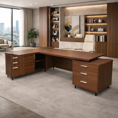 Image of Lakdi The Furniture Co Director Table for Office Desl Unique Design L-Shape Table Made in Particle Board with Side Unite and Openable Shutter & Storage Luxury Executive Desk Brown Color- (LDL-533)
