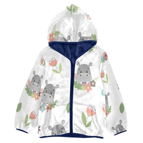 Cute Hippo Floral Pattern Toddler Fleece Jacket Girl Boys Hooded Fleece Jacket Coat Warm Outwear Zip-up 3-10T