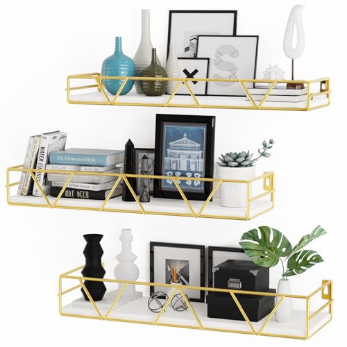 Amaoot Floating Shelves Set of 3 Home Wood Wall Shelf Farmhouse Shelf for Bedroom Wall Mounted Floating Shelf for Living Room Bedroom Bathroom Kitchen Office (Gold)