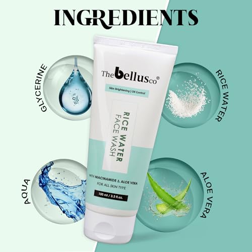 Image of THEBELLUSCO Rice Water Face Wash with Aloe Vera, Niacinamide & Vitamin E | Oil Control Face Wash | Skin Brightening & Anti-Acne Cleanser | Gentle Face Wash for All Skin Types | 100ml