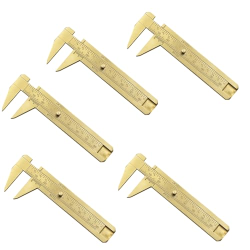 DAYnagh Set of 5 Small Brass Slide Gauge Handy Brass Vernier Caliper for Jewellery, Double Scale mm/inch 80mm