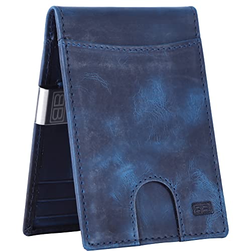 Image of Brooklyn Bridge Genuine Leather Money Clip Wallet for Men Crazy Horse Blue - Premium Slim RFID Protected Wallet with Cash Clip & Multiple Card Slots, Stylish Front Pocket Design, Gift for Men