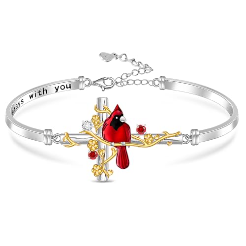 Cardinal Bracelet Red Cardinal Gifts for Women 925 Sterling Silver Cross Cardinal Bangle Bracelet Birds Charm Memorial Jewelry