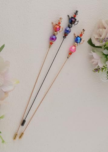 Image of Alilang Magic Lamp Pearl Lady Camo Rose Heart Rhinestones 3Pcs Vintage Long Handle Hat and Lapel Pins with Flexible Bendable Design