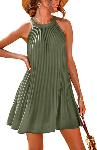 PRETTYGARDEN Damen-Sommerkleider, hübsches ärmelloses Minikleid mit Neckholder, einfarbig, fließend, plissiert, Strandkleid, Grün (Army Green),...