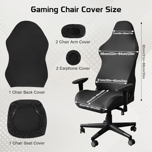 6Pcs Gaming Stuhl Bezug Set, Weich Bürostuhl Bezug, Atmungsaktives Schwarz Gaming Stuhl überzug, Durable Überzug Bürostuhl Husse mit Armabdeckungen und Kopfhörerabdeckungen, Bezug Bürostuhl – Bild 3