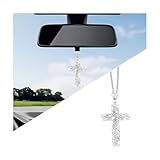 HZEL Bling Car Hanging Ornament, Cross Crystal Rhinestone Vehicle Rear View Mirror Pendant, Diamond Religious Rearview Mirror Decoration Charm, Universal Automotive Interior Accessories (White)