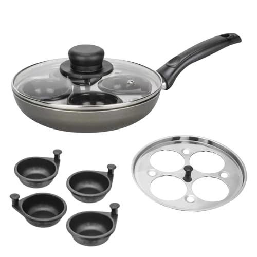 Image of SALTEASY 4 Cup Egg Poacher Pan Non Stick Egg Poaching Pan, Aluminium Removable Cups with Glass Lid, Saucepan for Gas Long Cool Touch Black Handle