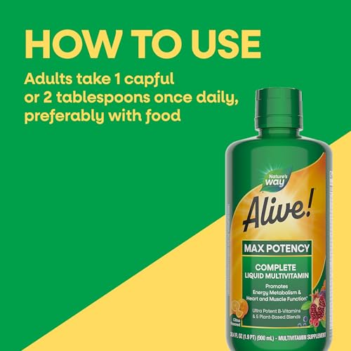 Image of Nature's Way Alive! Max Potency Complete Liquid Multivitamin, Liquid Vitamin Promotes Energy Metabolism, Heart & Muscle Function* with Vitamins A, B, C, D, Multivitamins for Women & Men, 30.4 Fl Oz