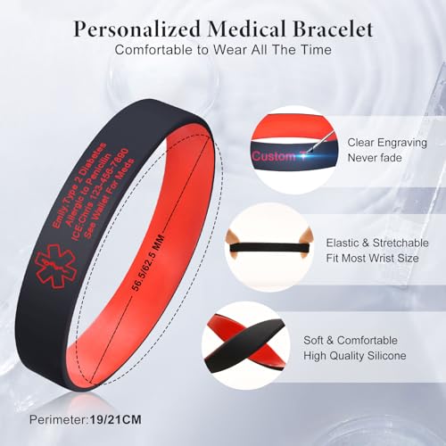 Men's Personalized Medical Silicone Bracelet - Free Engraving Custom Medical ID Bracelets,Hypoallergenic Elastic Rubber Alert Wristbands,Waterproof Sport Emergency Medic Silicone Band for Women4