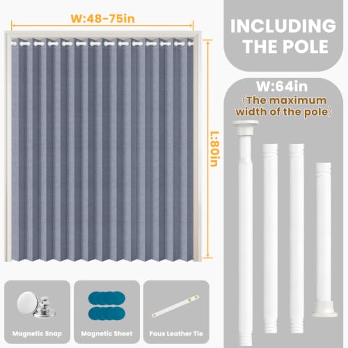 Image of AJAZZ Blackout Accordion Door Curtains with Curtain Rods Adjustable 28-63 inch Long, Magnetic Door Curtain Blackout Curtains for Bedroom, Doorway Curtain Set, 1 Pack, W72 x L80 in, Dark Blue