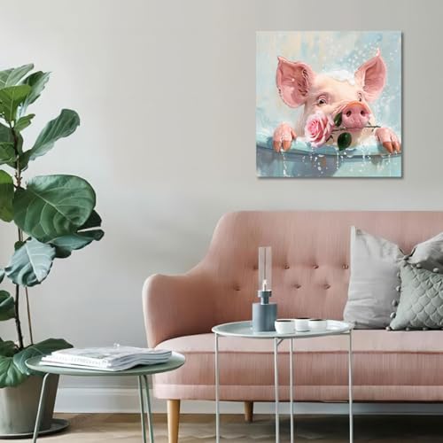 Enartly Bathroom Wall Art Cute Pig Rose Painting Funny Animal Picture Canvas Prints thumb #1