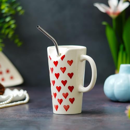 Image of Cute Ceramic Coffee Mug with Straw & Handle | Red Heart Design Aesthetic Mug for Tea, Coffee & Milk | Gift for Girls, Couples & Loved Ones | Stylish Home & Office Cup | White