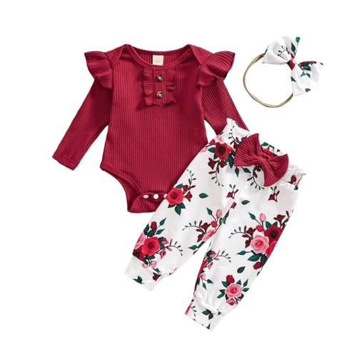 Baby Girls Clothes Ribbed Romper Bodysuit Pants Headband Set Fall Winter Outfits