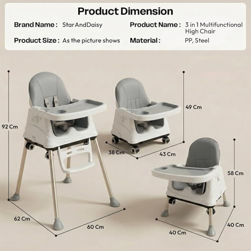 Image of StarAndDaisy High Chair for Baby /Baby Feeding Chair for 0 to 5 Years with 4 in-1 Multifunctions /High Chair with Height Adjustable,Wheels, Detachable Tray & 3-Point Safety Belt. (Grey)