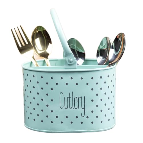 Image of MARKET 99 Green Polka Dot Cutlery Holder | Oval Metal Knife & Fork Holder with Glossy Finish | Multipurpose Kitchen & Dining Table Organizer for Utensils, Spoons, Chopsticks & Office Desk