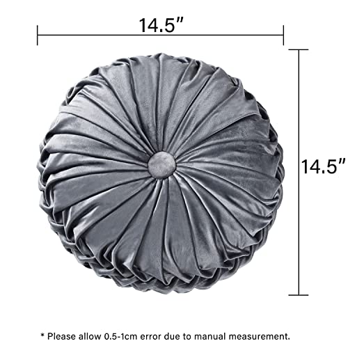 Image of HIG Set of 2 Decorative Round Pleated Throw Pillows, Classy Accent Pumpkin Throw Pillows with Center Button, Vintage Velvet Floor Pillows for Sofa Vanity Chair Bed, Dark Gray, 14.5 inch Diameter(Ripple)